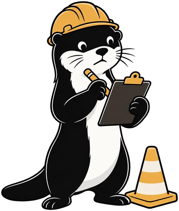 The otter in a hard hat, checking a clipboard.
